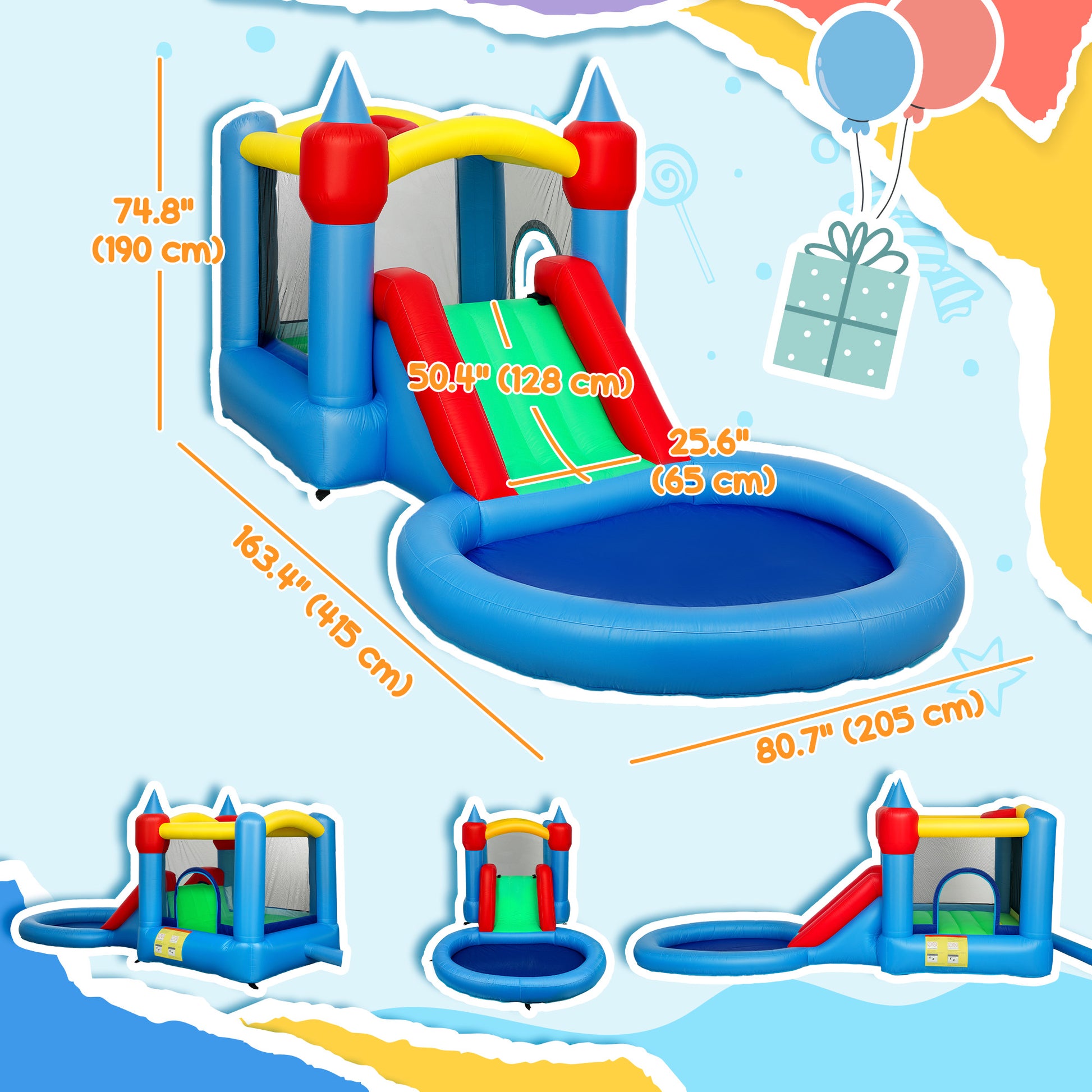Qaba 4 in 1 Inflatable Bounce House with Slide, Basketball Hoop, Ball Pit, Blower, Storage Bag, 163" x 81" x 75"