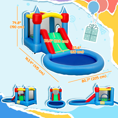 Qaba 4 in 1 Inflatable Bounce House with Slide, Basketball Hoop, Ball Pit, Blower, Storage Bag, 163" x 81" x 75"