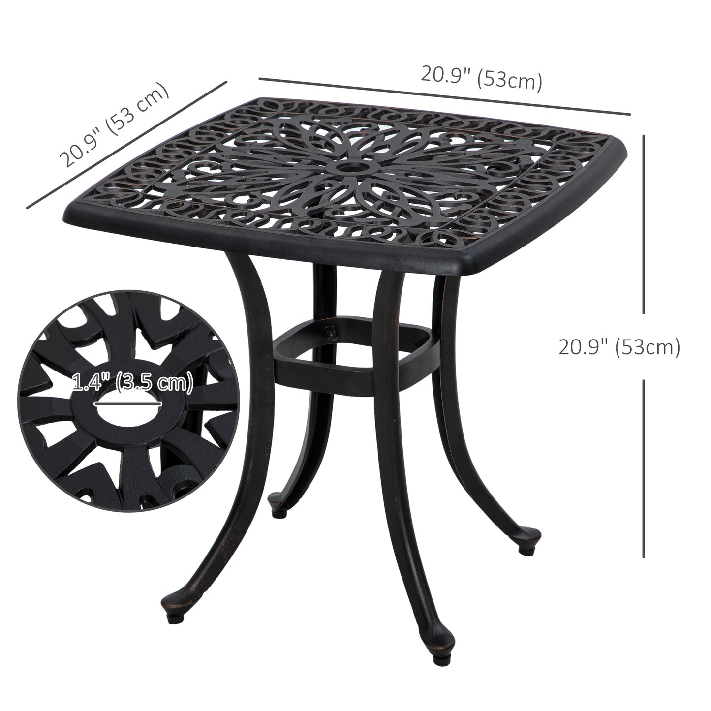 21" Square Outdoor End Table, Cast Aluminum Patio Side Table with Umbrella Hole for Garden, Balcony, Poolside, Bronze