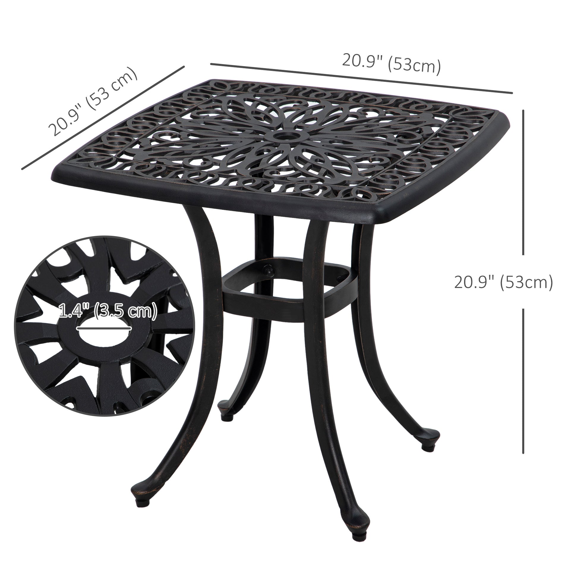 21" Square Outdoor End Table, Cast Aluminum Patio Side Table with Umbrella Hole for Garden, Balcony, Poolside, Bronze