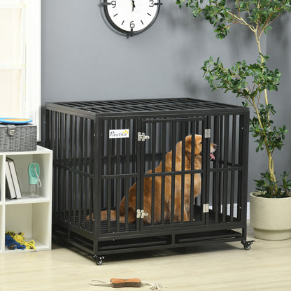 41" Heavy Duty Steel Dog Crate Kennel Pet Cage with Wheels for Convenient Access Anti-Pinching Floor, Black