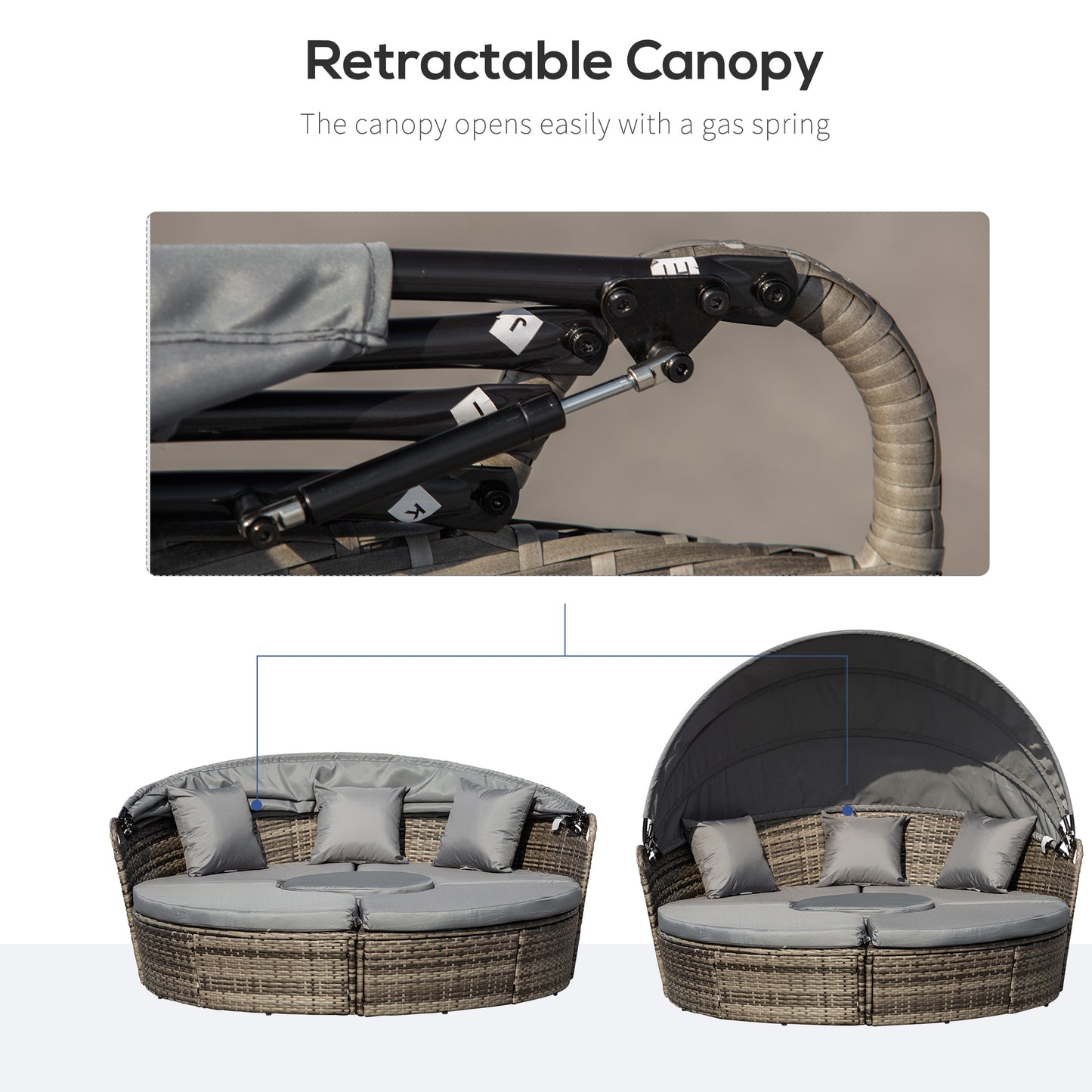 4 Pieces Outdoor Daybed with Retractable Canopy, PE Rattan Wicker Round Sofa Day Bed, Patio Sectional Conversation Furniture Set with Cushions and Pillows, Grey