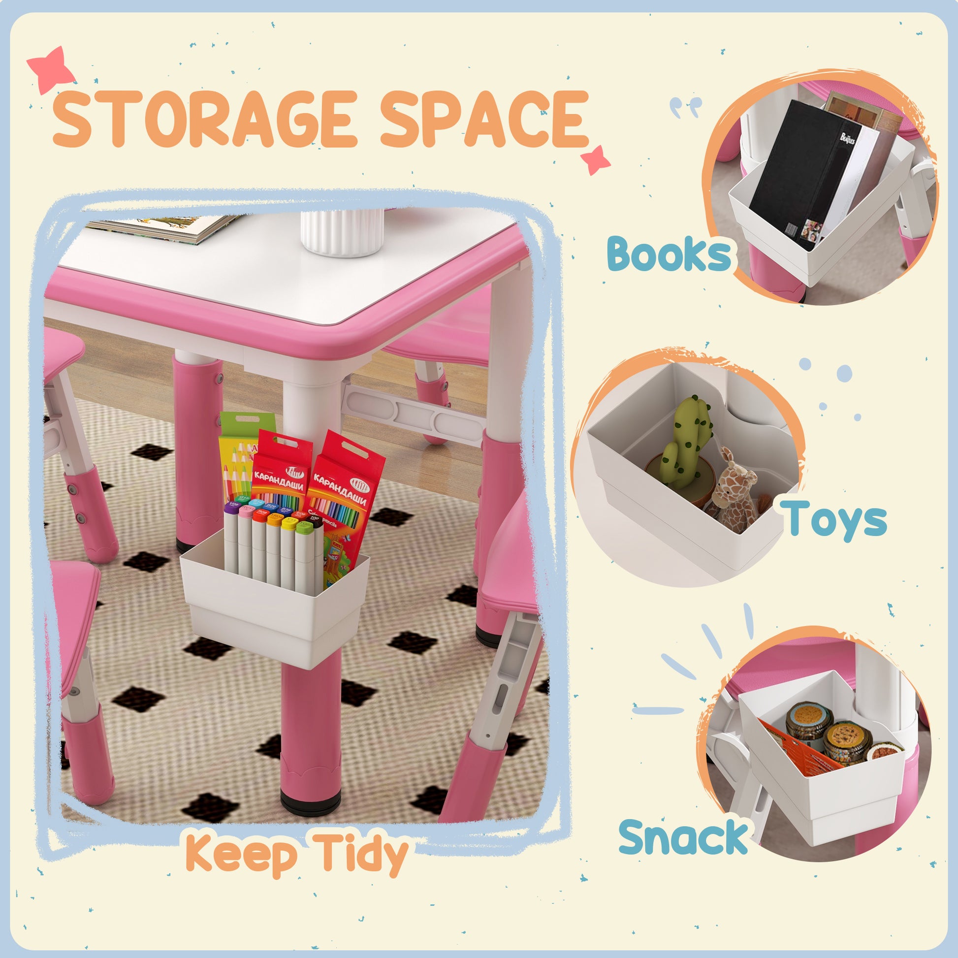 Qaba 5 Pieces Toddler Table and Chair Set, Height Adjustable Activity Table and Chair Set for Nursery Classroom, Pink