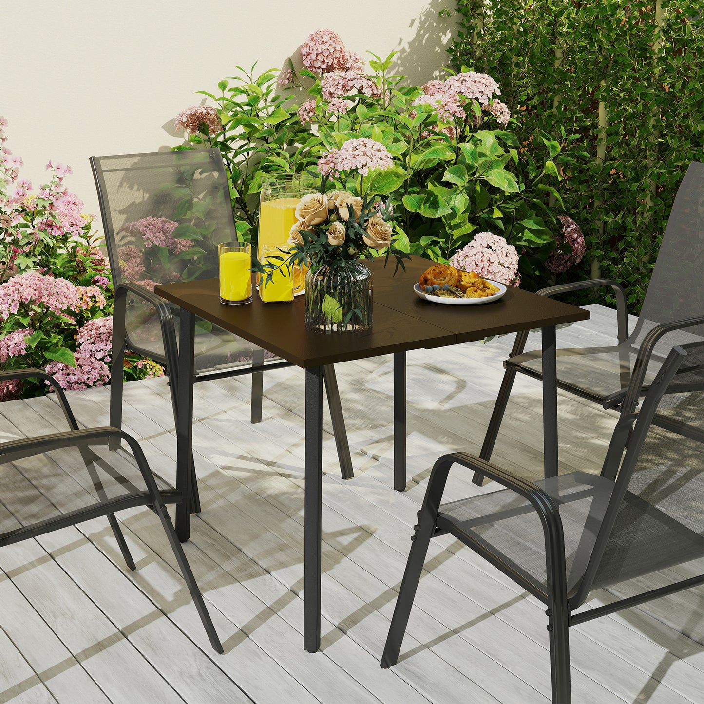 Patio Dining Table with Umbrella Hole for 4 People, Aluminium Legs, for Backyard Lawn Balcony, 31.5" x 31.5", Brown