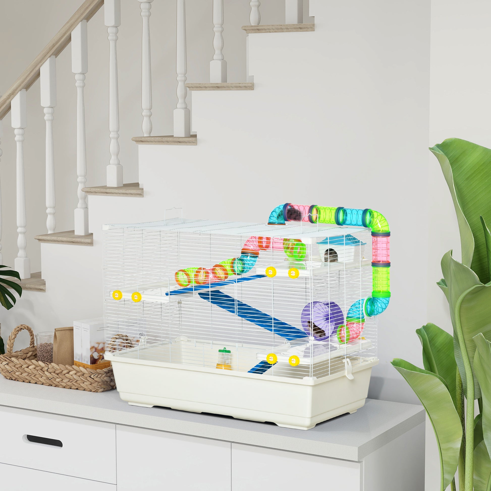 31" Large Hamster Cage, Small Animal House, Multi-storey Gerbil Haven, Tunnel Tube System, with Water Bottle, Exercise Wheel, Food Dish, Ramps, White