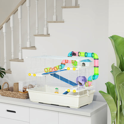 31" Large Hamster Cage, Small Animal House, Multi-storey Gerbil Haven, Tunnel Tube System, with Water Bottle, Exercise Wheel, Food Dish, Ramps, White