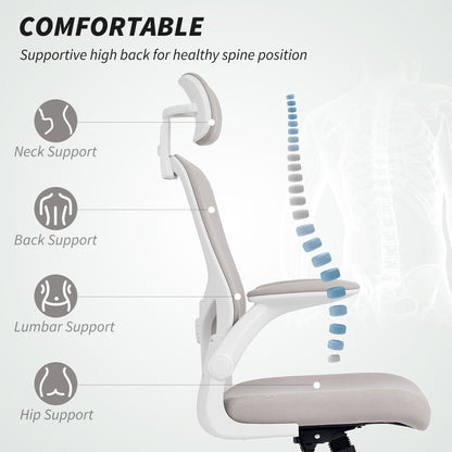Ergonomic Office Chair, Mesh Desk Chair with Adjustable Headrest, Lumbar Support and Height, Flip-Up Armrests, Grey