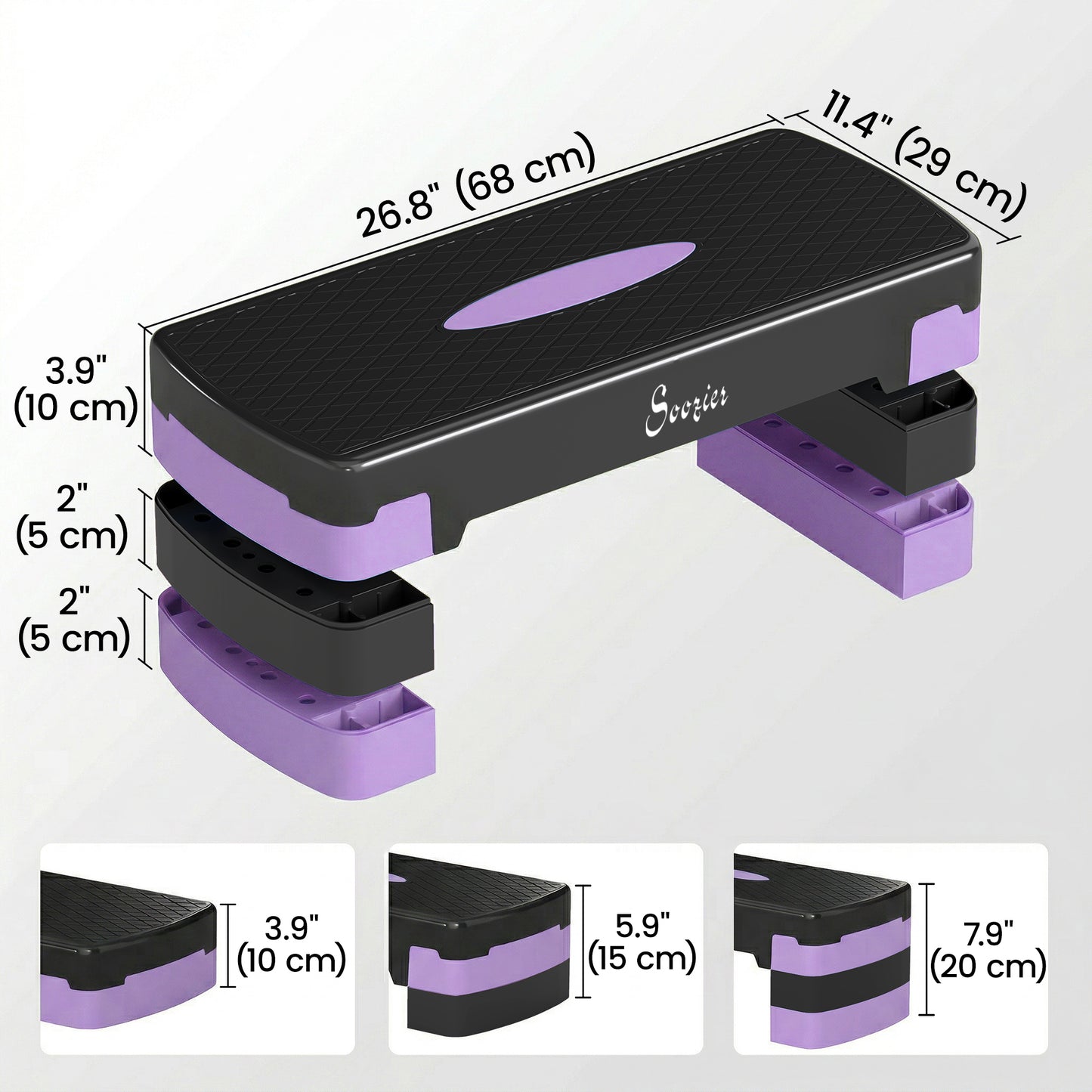 Soozier Aerobic Exercise Step Platform, 4"/6"/8" Adjustable Aerobic Stepper with Risers, Workout Stepper for Home Gym, Purple