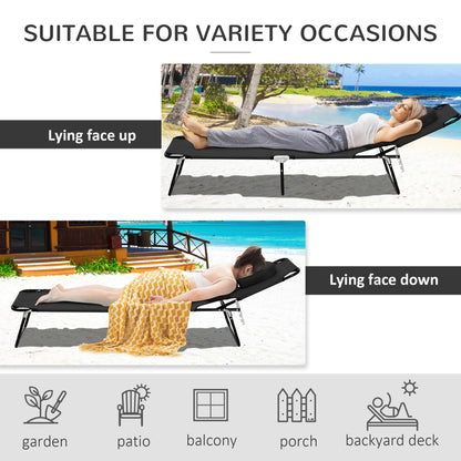 Adjustable Outdoor Lounge Chair, Garden Folding Chaise Lounge with Face Hole Reclining Tanning Chair Seat, Folding Camping Beach Lounging Bed w/ Support Pillow, Black