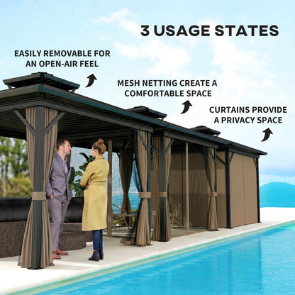 10' x 10' Hardtop Gazebo, Sun Shelter with Double Tier Metal Roof, Mosquito Netting, and Hanging Hook, Dark Brown