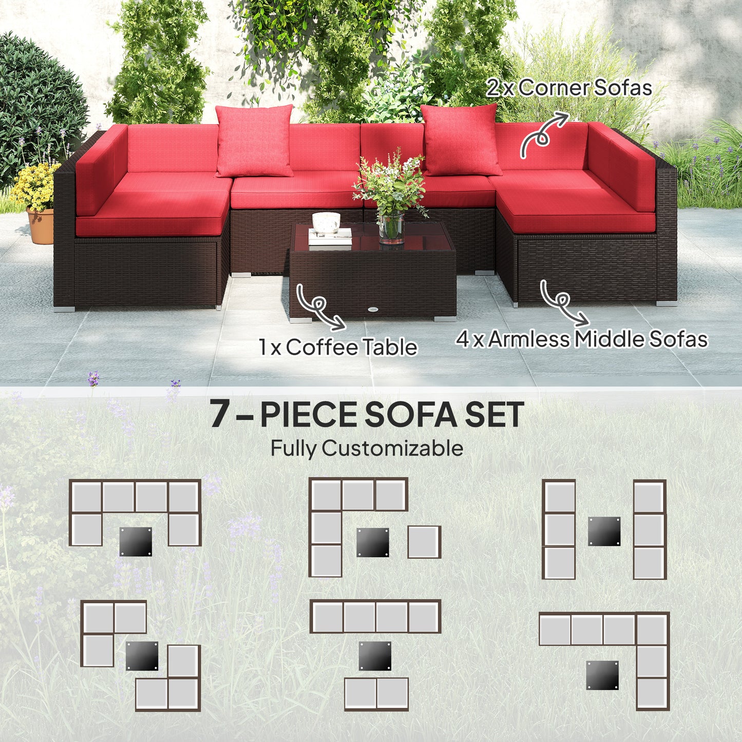 7 Pieces Patio Furniture Set, Rattan Conversation Set Garden Wicker Sofa Set with Washable Cushions and Coffee Table, for Deck Balcony Yard, Wine Red