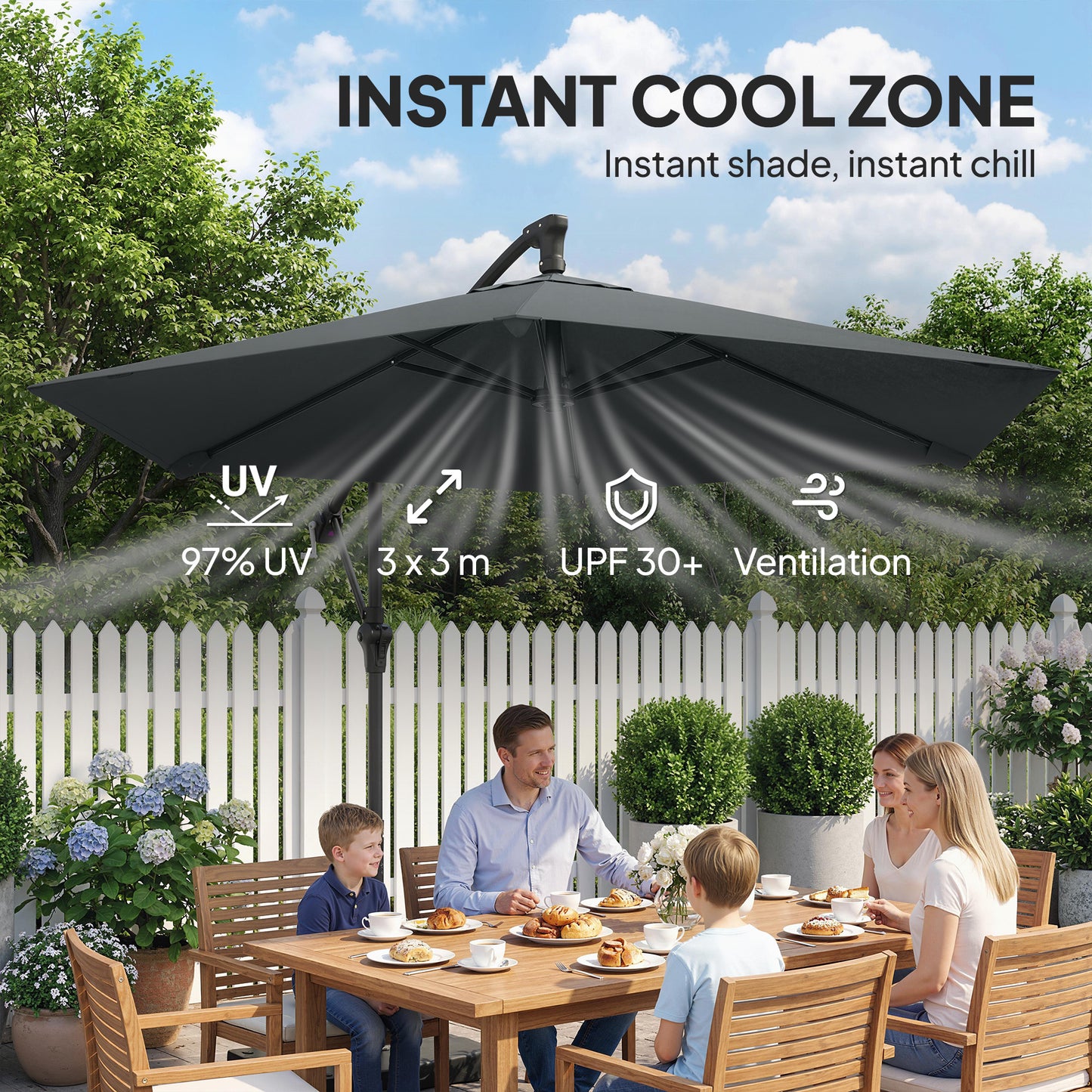 9.7 ft Offset Patio Umbrella with Water/Sand Fillable Weights, Garden Hanging Parasol with Locking Latch, Dark Grey