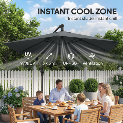 9.7 ft Offset Patio Umbrella with Water/Sand Fillable Weights, Garden Hanging Parasol with Locking Latch, Dark Grey
