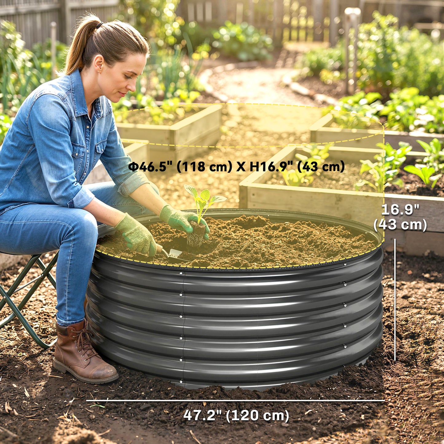 Galvanized Raised Flower Bed, 4 x 4 x 1.5 ft Outdoor Metal Raised Bed with Safety Edging and Gloves, Dark Grey