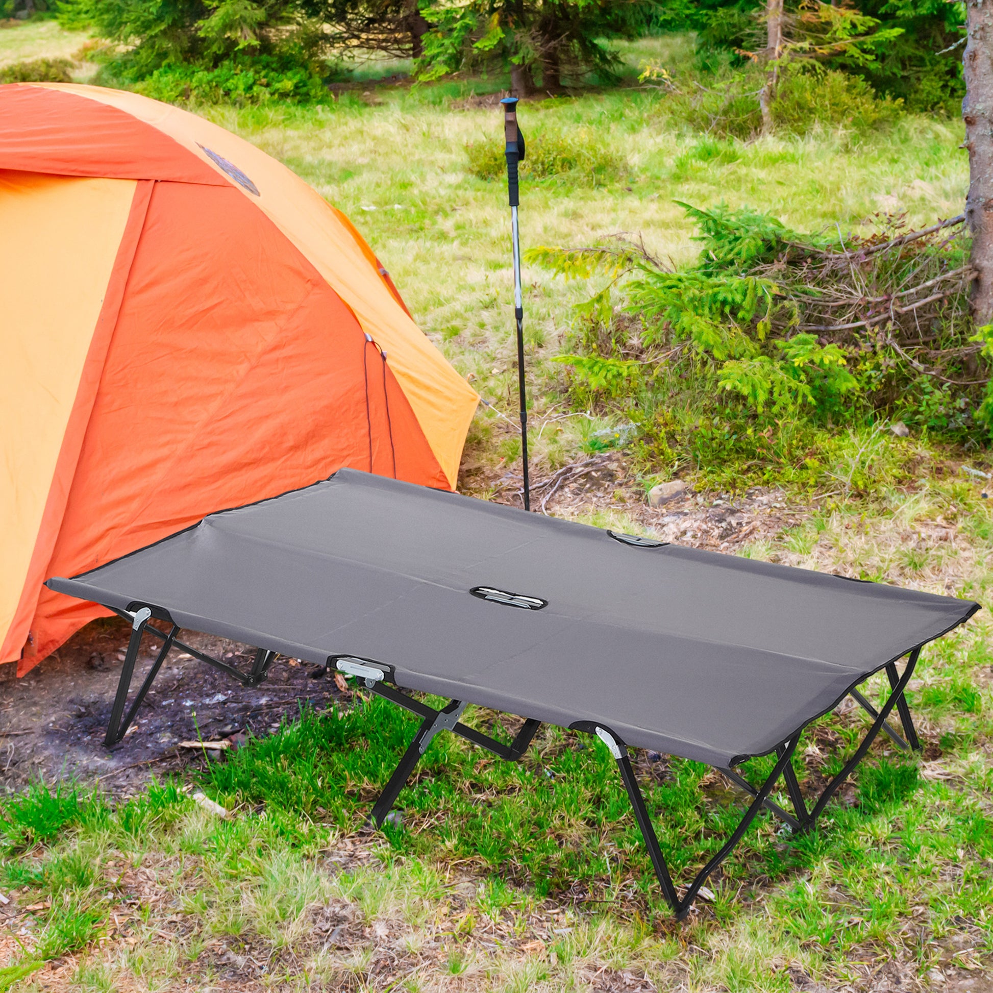 76" Two Person Folding Camping Cot Outdoor Portable Double Cot Wide Military Sleeping Bed w/ Carrying Bag Grey