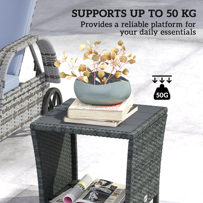 17.7" Wicker Side Table with Storage Shelf, Square PE Rattan Outdoor End Table with PS Wood Slat Top, Grey