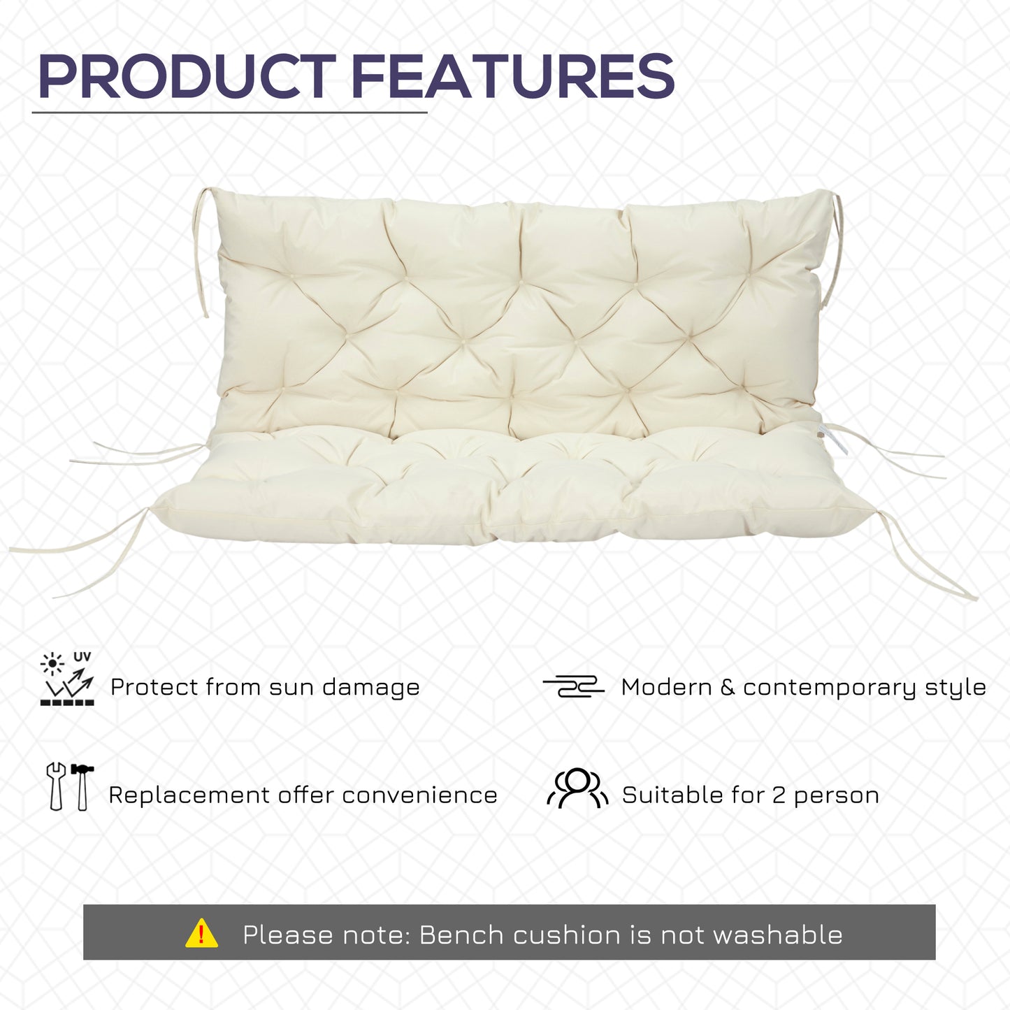 2 Seater Garden Bench Cushion, Soft Thick Outdoor Non-Slip 2 Seater Soft Pad With Backrest for Garden Patio, 52" x 43" x 4", Beige