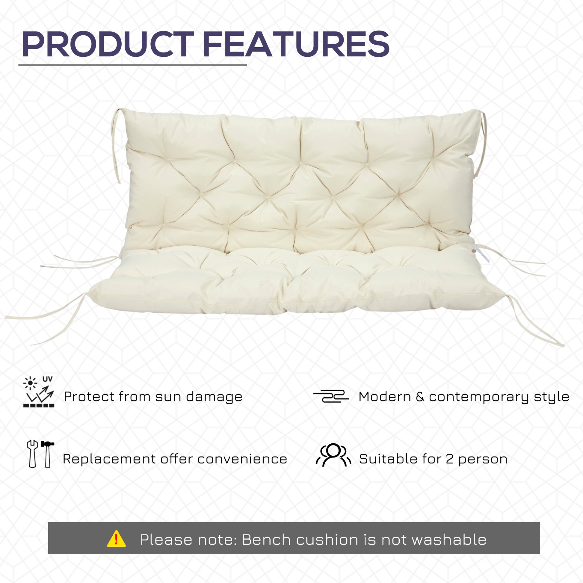 2 Seater Garden Bench Cushion, Soft Thick Outdoor Non-Slip 2 Seater Soft Pad With Backrest for Garden Patio, 52" x 43" x 4", Beige