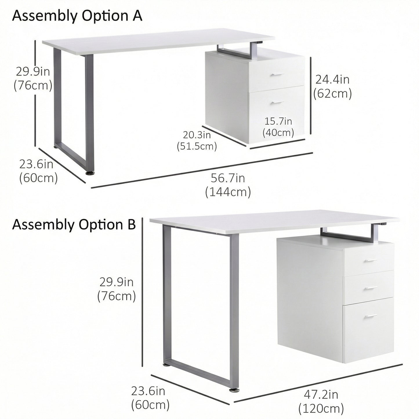 47" Computer Desk Writing Table Workstation with Multi-Use Reversible File Drawers Metal Frame Home Office Furniture, White