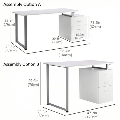 47" Computer Desk Writing Table Workstation with Multi-Use Reversible File Drawers Metal Frame Home Office Furniture, White