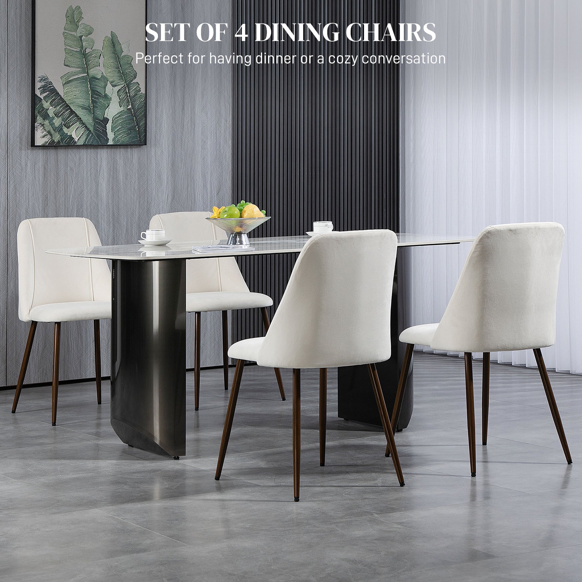 Upholstered Dining Chairs Set of 4, Velvet Accent Chair with Back and Wood-grain Steel Leg for Kitchen, Cream White