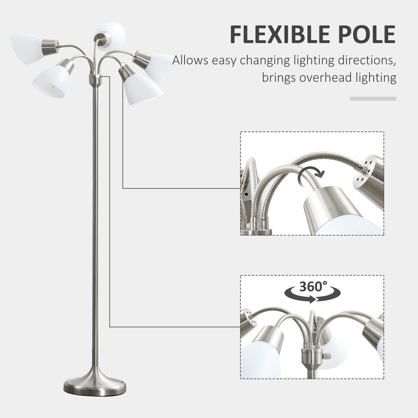 Arc Tree Floor Lamp with 5 Adjustable Rotating Lights, Modern Standing Gooseneck Reading Light for Living Room Bedroom Office, Satin Nickel