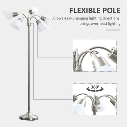 Arc Tree Floor Lamp with 5 Adjustable Rotating Lights, Modern Standing Gooseneck Reading Light for Living Room Bedroom Office, Satin Nickel