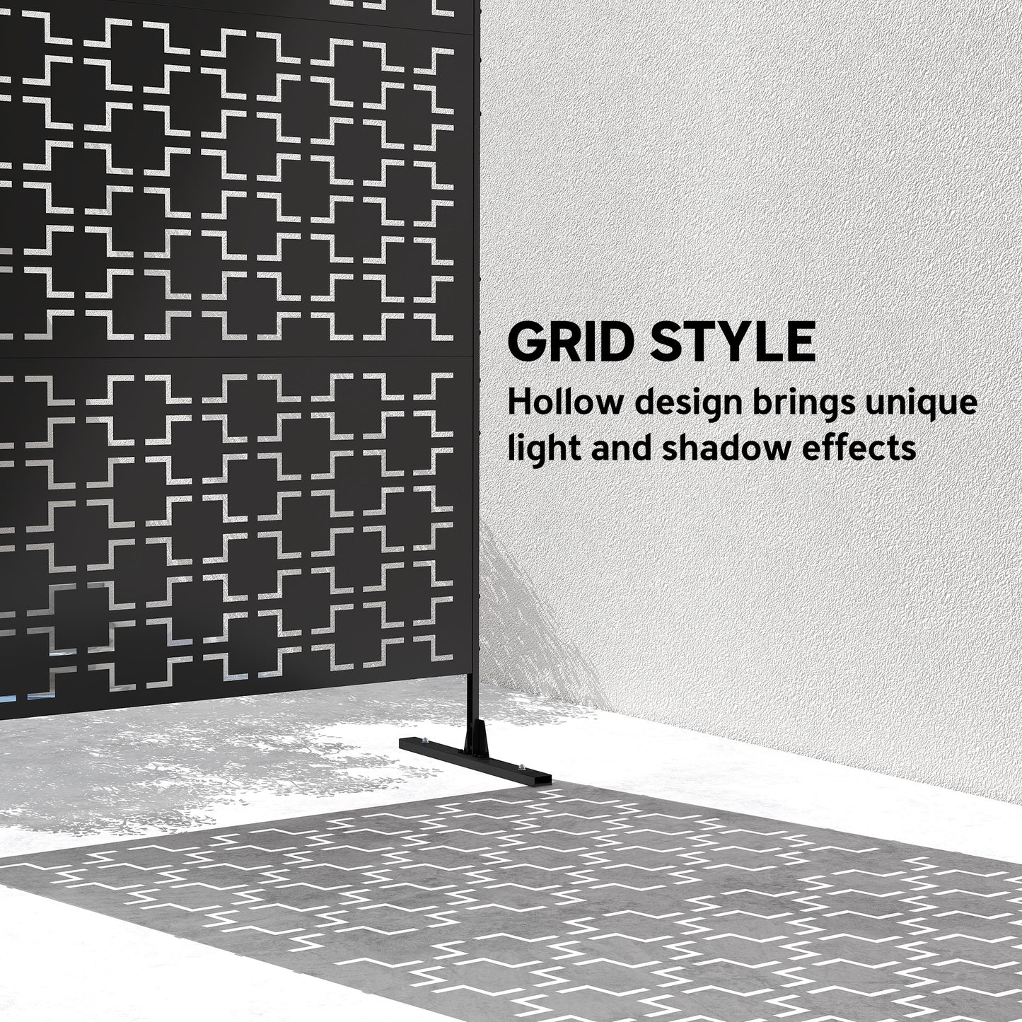 6.5FT Decorative Outdoor Divider, Metal Privacy Screen with Stand, Grid Style, Black