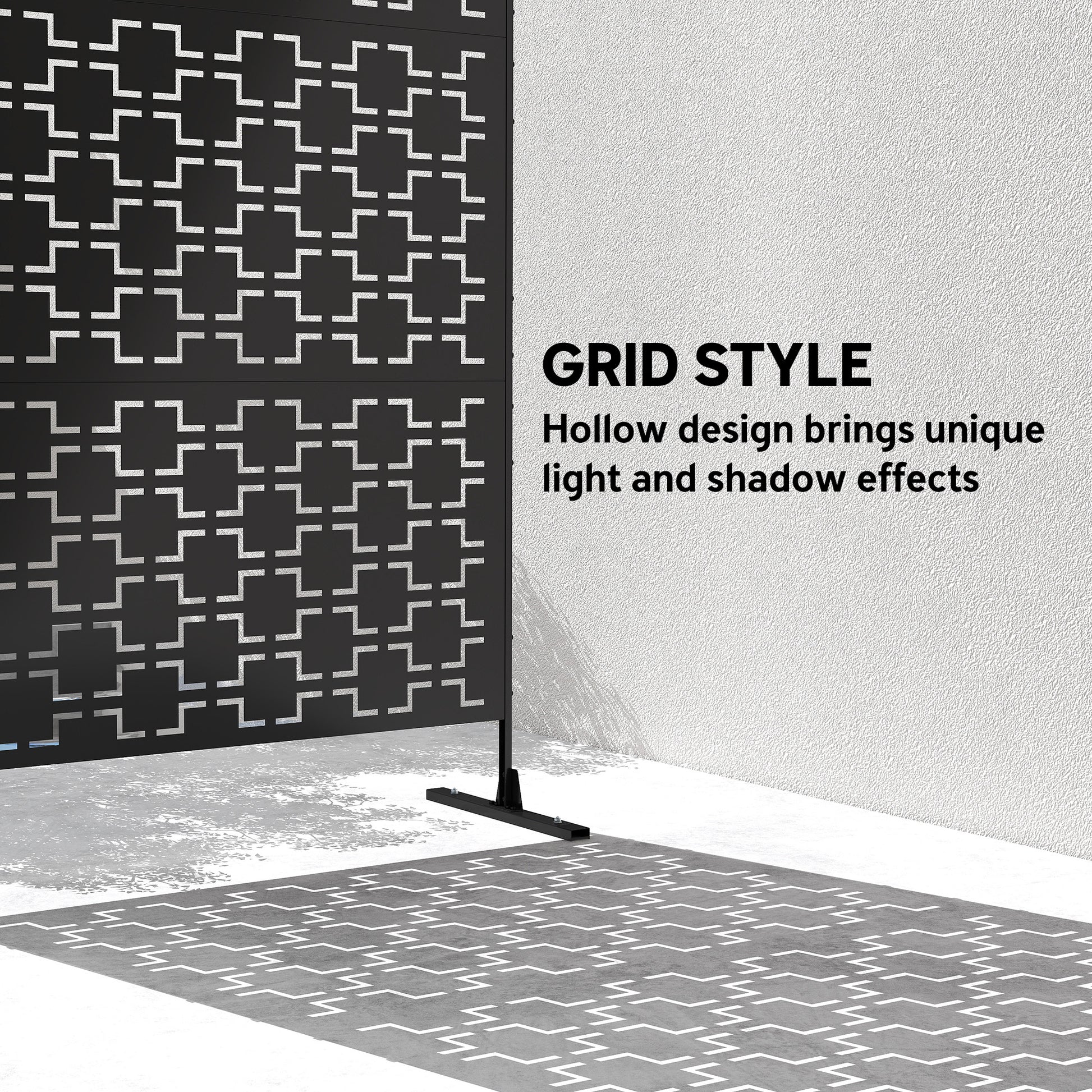 6.5FT Decorative Outdoor Divider, Metal Privacy Screen with Stand, Grid Style, Black