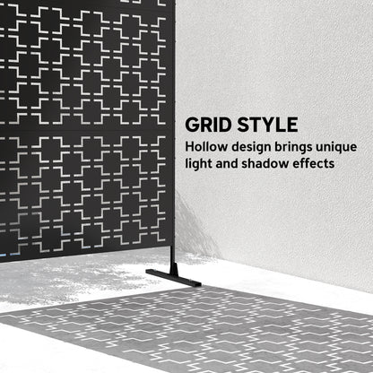 6.5FT Decorative Outdoor Divider, Metal Privacy Screen with Stand, Grid Style, Black