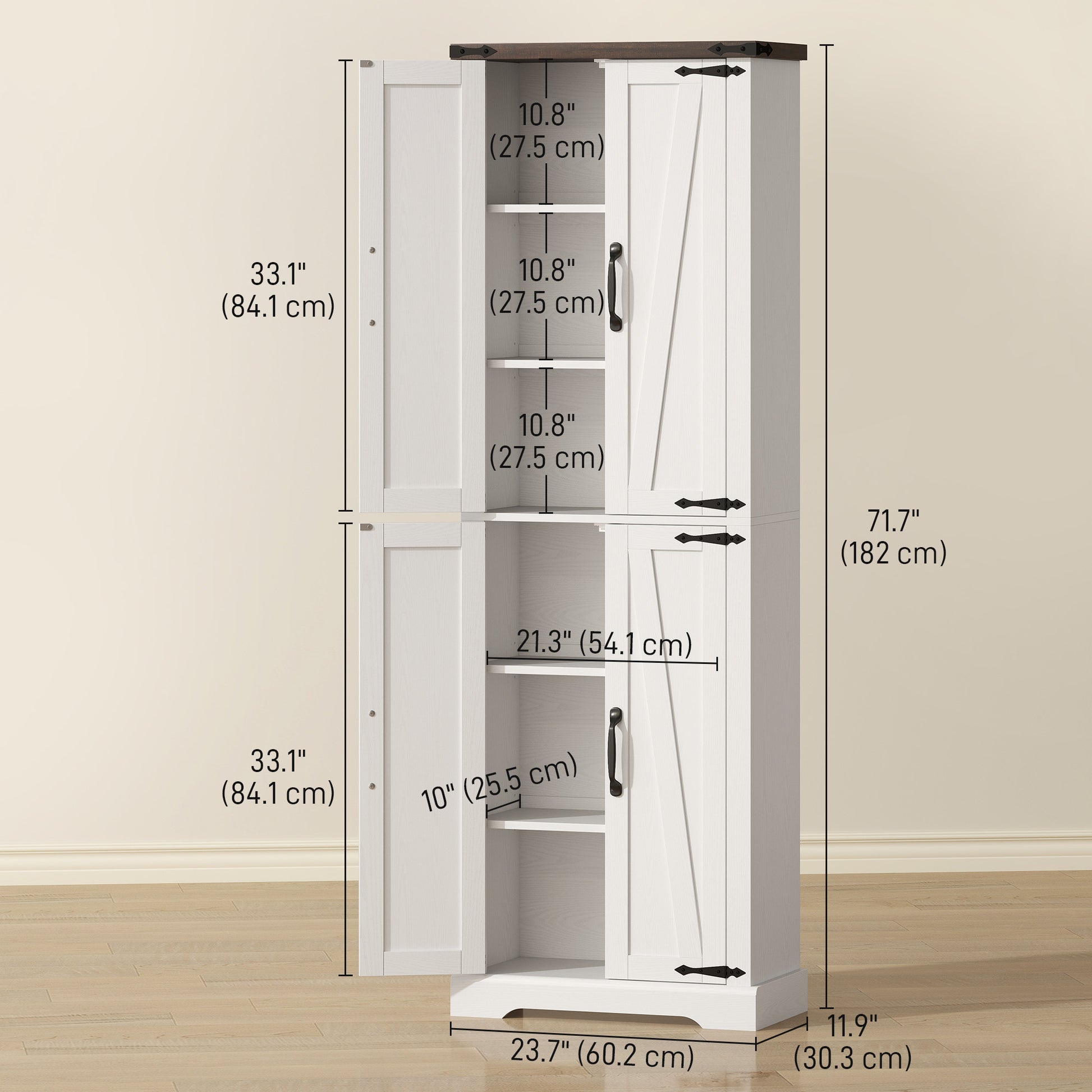 72" Pantry Cabinet, Farmhouse Freestanding Kitchen Storage Cabinet with Adjustable Shelves for Dining Room, White