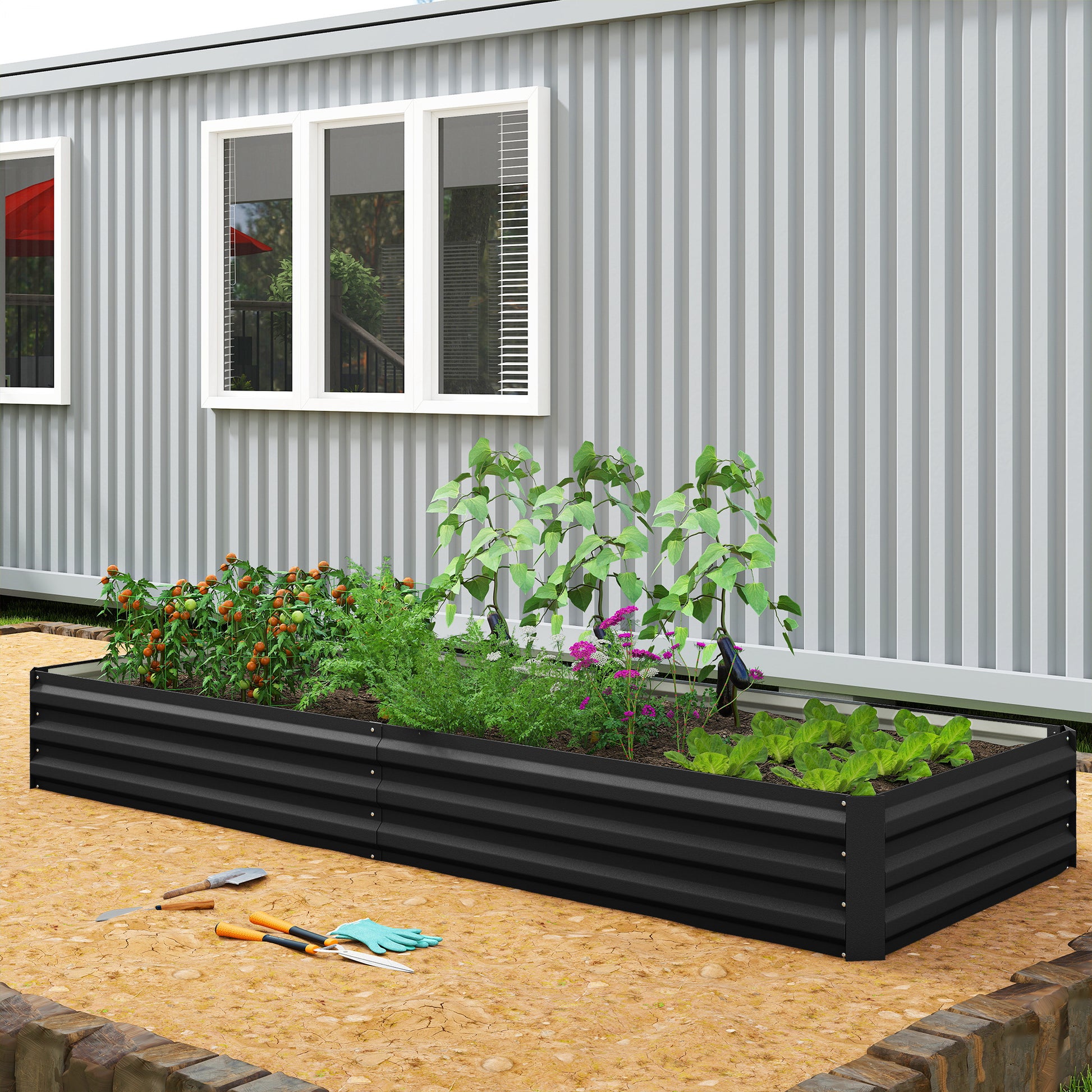 95" x 36" x 12" Galvanized Raised Garden Bed, Metal Elevated Planter Box for Growing Flowers, Herbs, Succulents, Black