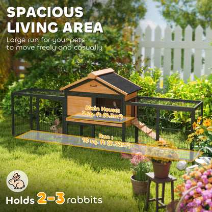 Rabbit Hutch Outdoor, 85"L Large Wooden Bunny Cage with Run Box, Removable Plastic Tray, Asphalt Roof, Ramp, Yellow