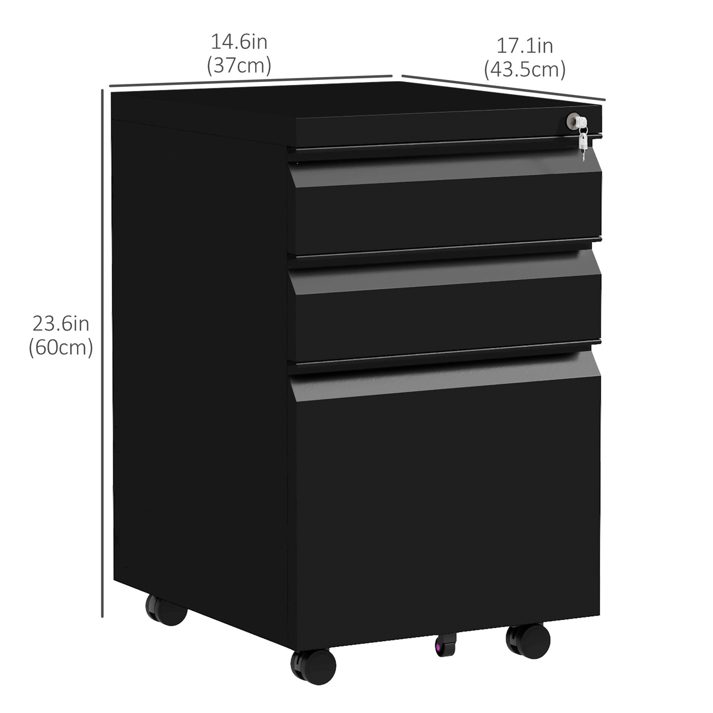 3 Drawer File Cabinet with Lock, Steel Vertical Filing Cabinet with 5 Wheels and Hanging Bar for A4/Legal/Letter, Home Office Printer Stand with Pre-Assembled Body, Black