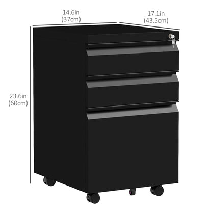 3 Drawer File Cabinet with Lock, Steel Vertical Filing Cabinet with 5 Wheels and Hanging Bar for A4/Legal/Letter, Home Office Printer Stand with Pre-Assembled Body, Black