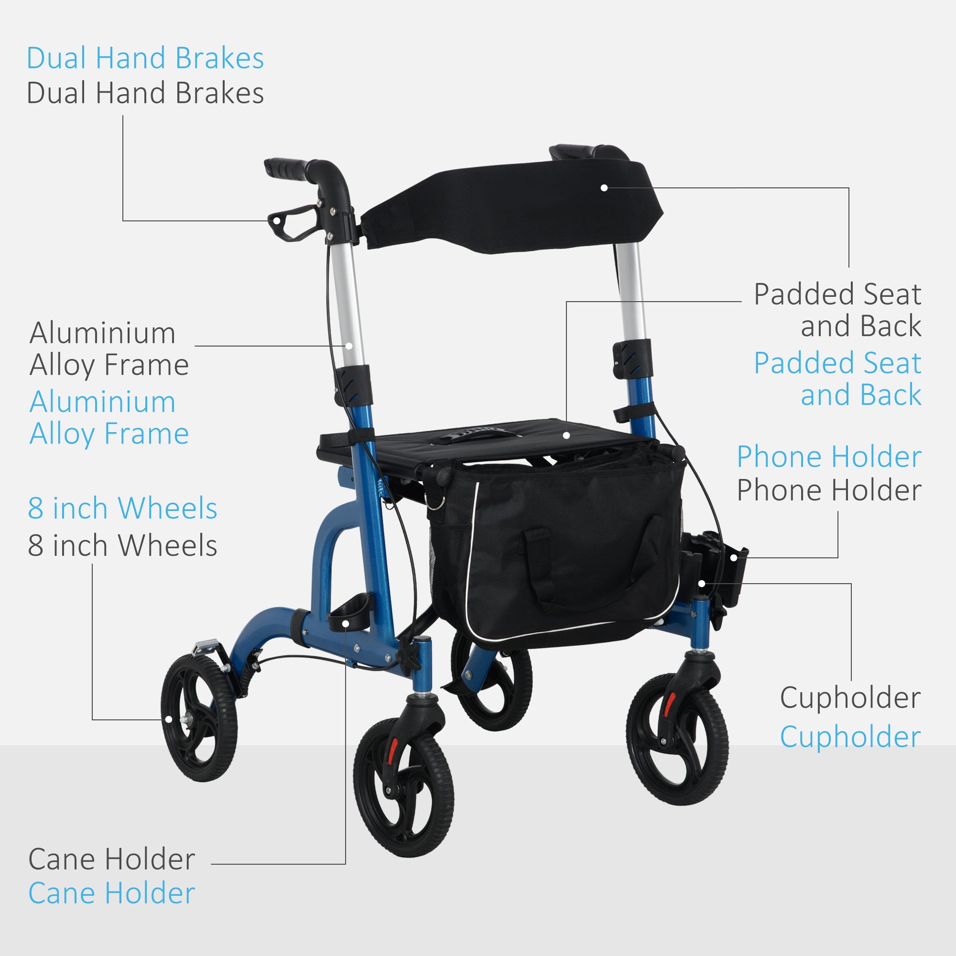 Rollator Walker for Seniors and Adults with 8'' Wheels, Padded Seat and Backrest, Storage Bag Blue