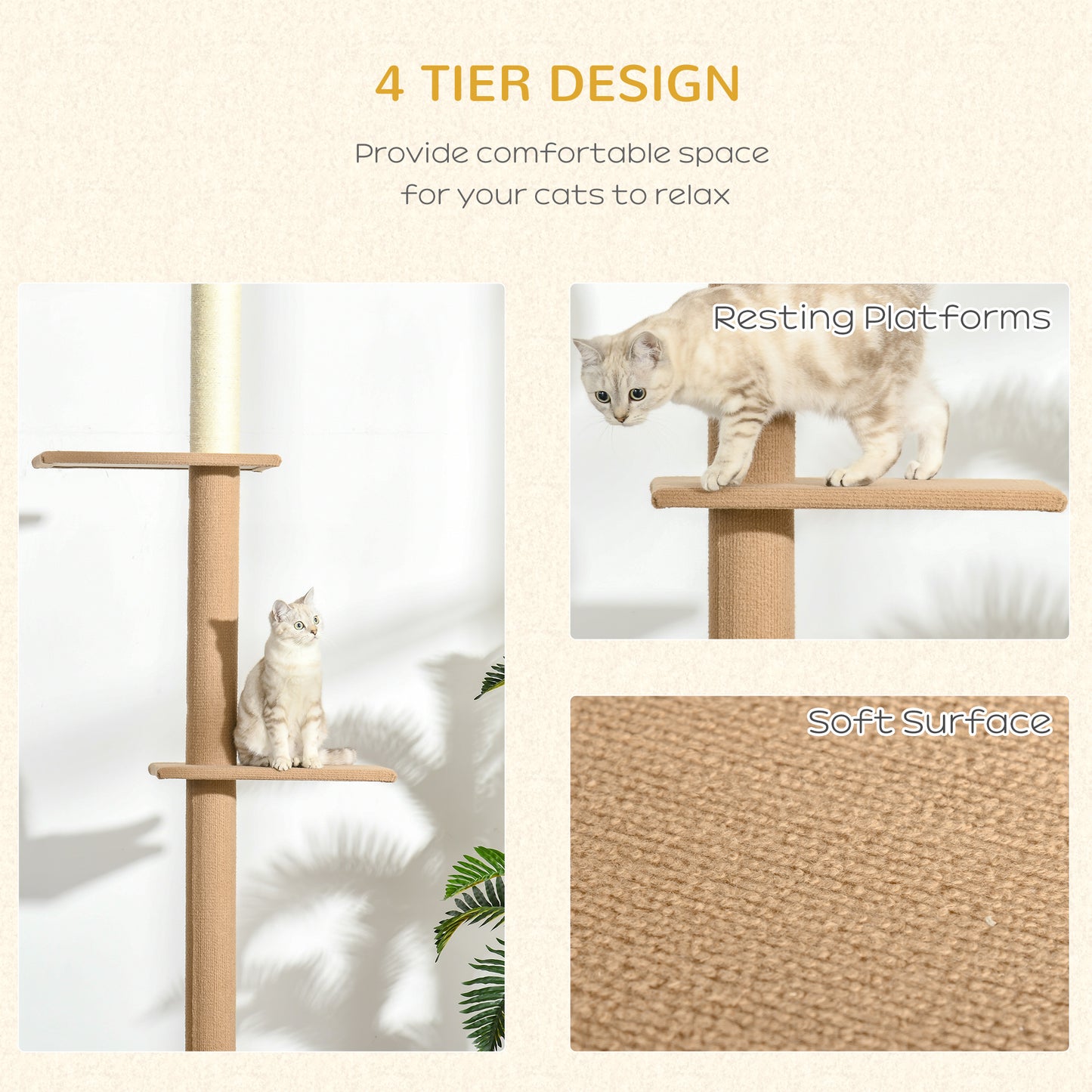 100" Floor To Ceiling Cat Tree w/ 3 Perches Activity Center for Kittens Cat Tower Furniture, Brown