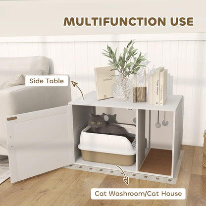 Cat Litter Box Enclosure, Cat Washroom End Side Table with Rattan Door, Scratching Pad, Non-slip Foot Pads, White