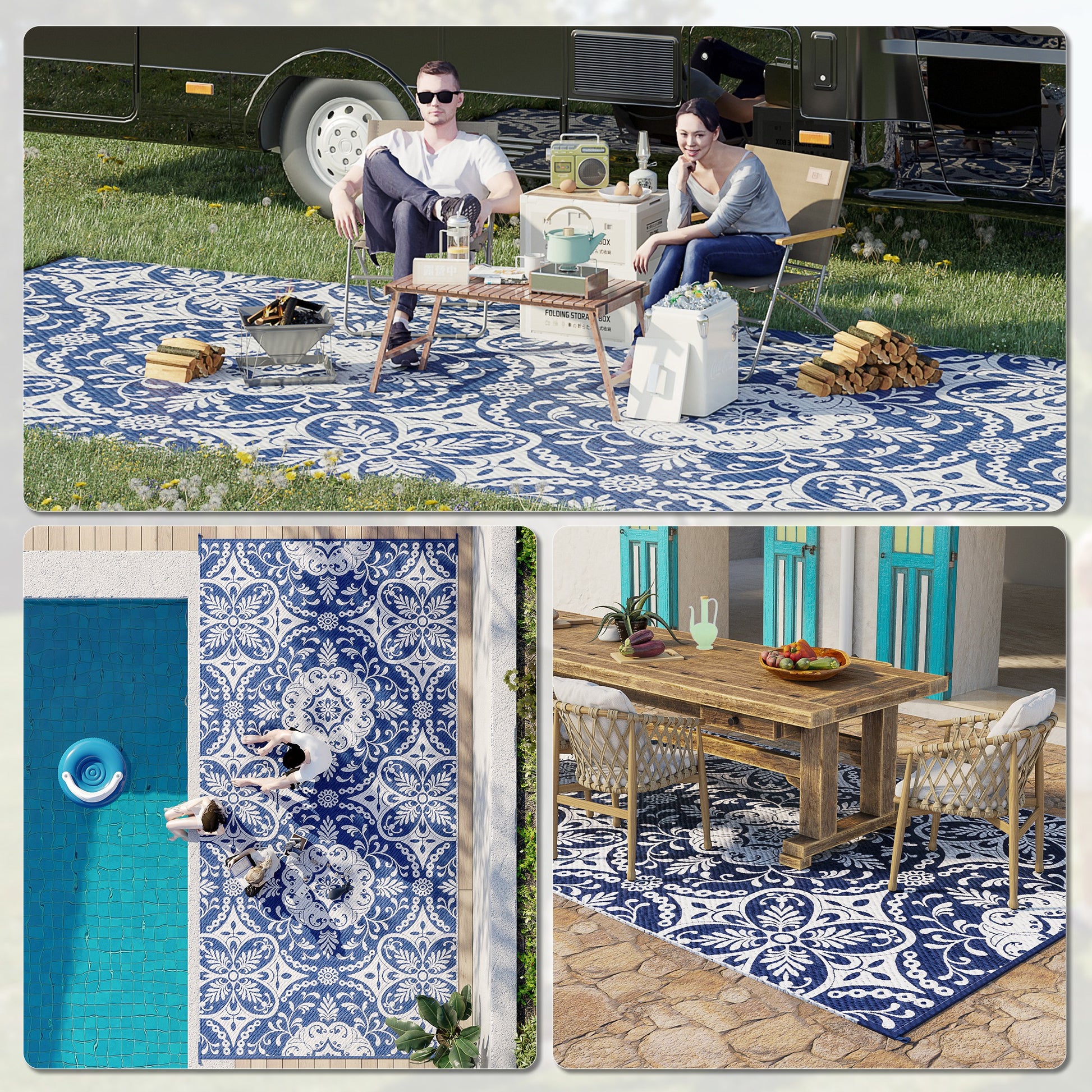 Portable Outdoor Rug with Carry Bag, 9' x 18' Reversible Mat, Waterproof Plastic Straw RV Rug for Backyard, Deck, Picnic, Beach, Camping, Blue & White Flower