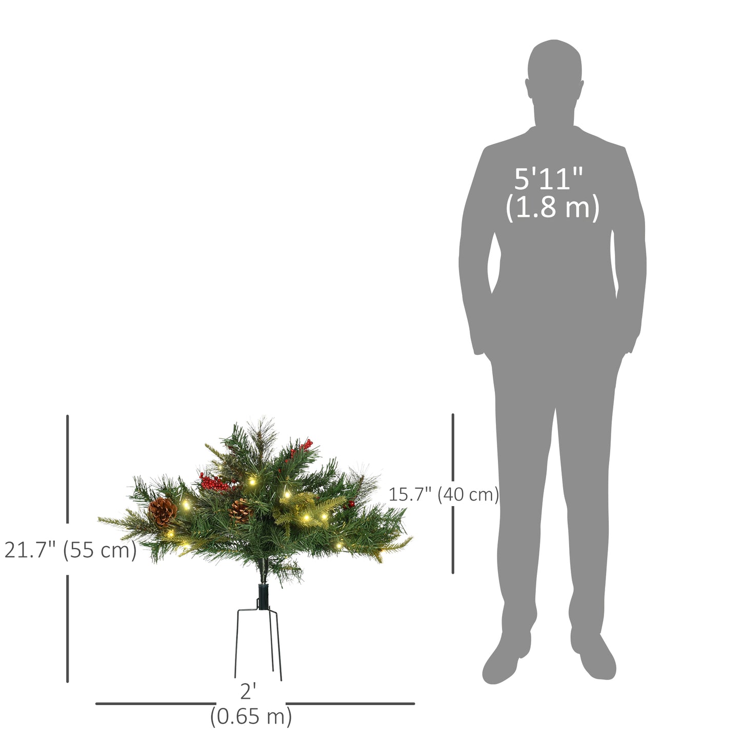 1.5 Foot/16 inch 2 Pack Prelit Artificial Christmas Tree Cordless with 69 Branches, Warm White LED lights, Red Berries, Pine Cones, for Outdoor Entryway, Green
