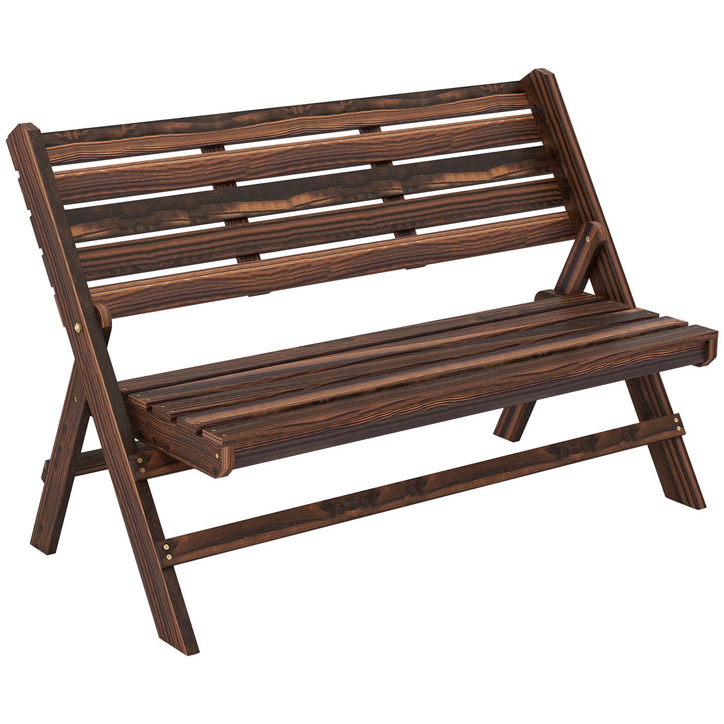 2-Seater Wooden Outdoor Bench, Foldable Garden Bench with Slatted Backrest and Seat, Patio Loveseat, Carbonised Finish
