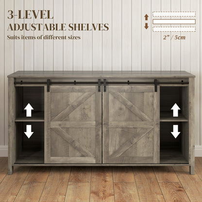 60" Buffet Cabinet, Farmhouse Sideboard with Sliding Barn Doors, Drawers and Adjustable Shelves, Distressed Light Grey