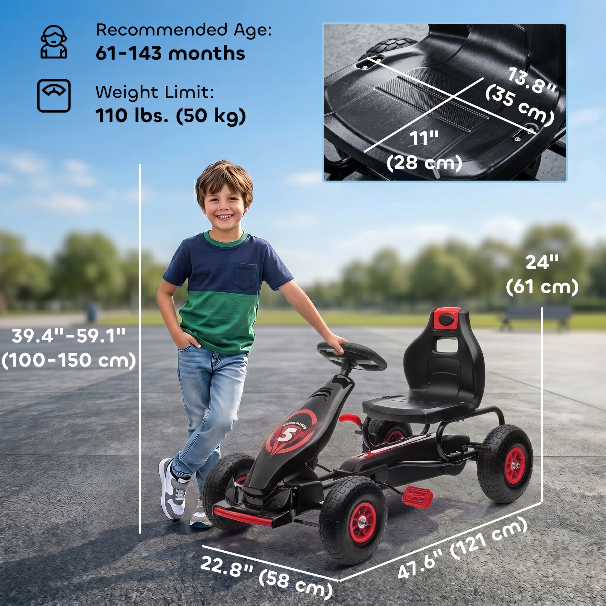 Aosom Kids Pedal Go Kart, Ride On Toys for Boys Girls with Ergonomic Adjustable Seat, Rubber Wheels Shock Absorb, Safety Hand Brake, Ages 5-12 Years Old, Red