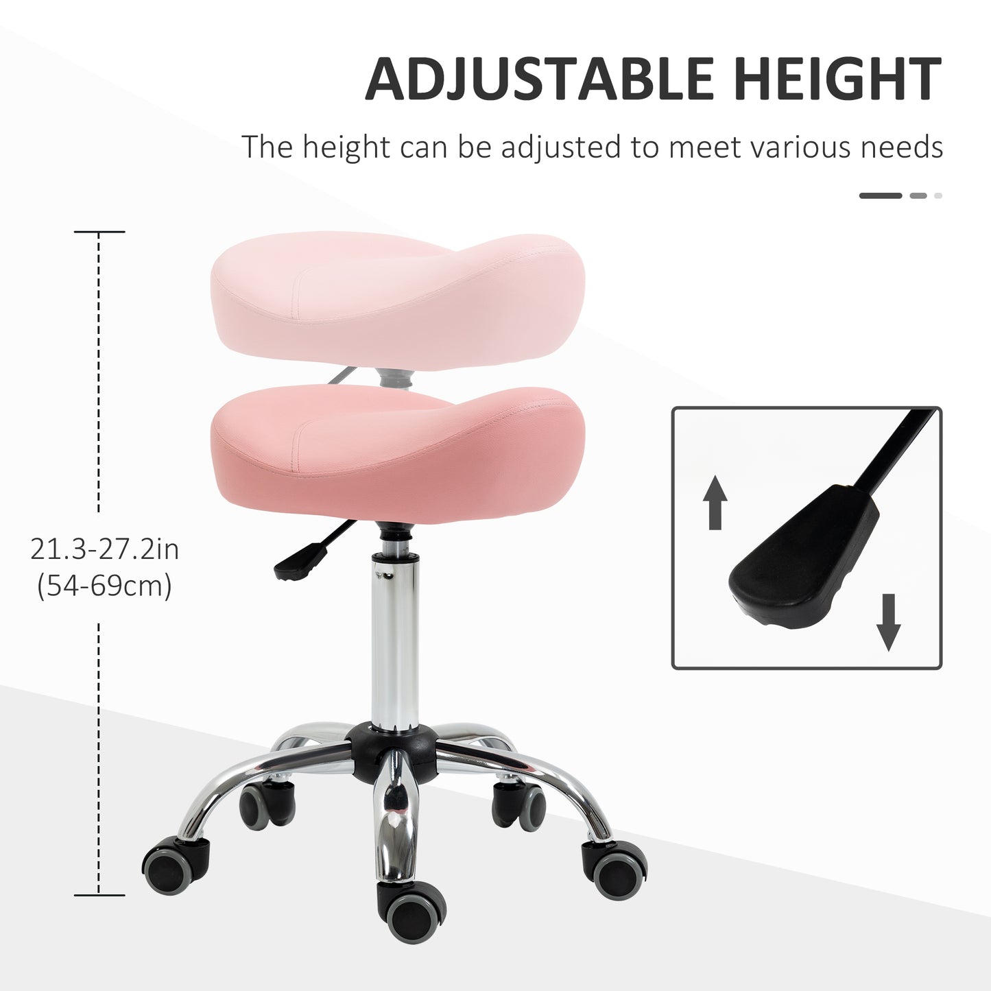 Ergonomic Saddle Stool with Wheels, Adjustable PU Leather Saddle Chair, 360° Swivel, NO Back Pain, Healthy Posture, Salon Chair for Massage Medical Home, Pink