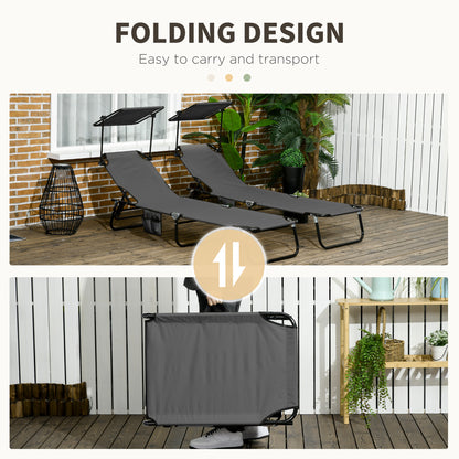 2 Piece Folding Outdoor Chaise Lounges, Pool Tanning Chairs with Reclining Back, Sunshade for Beach, Patio, Dark Grey