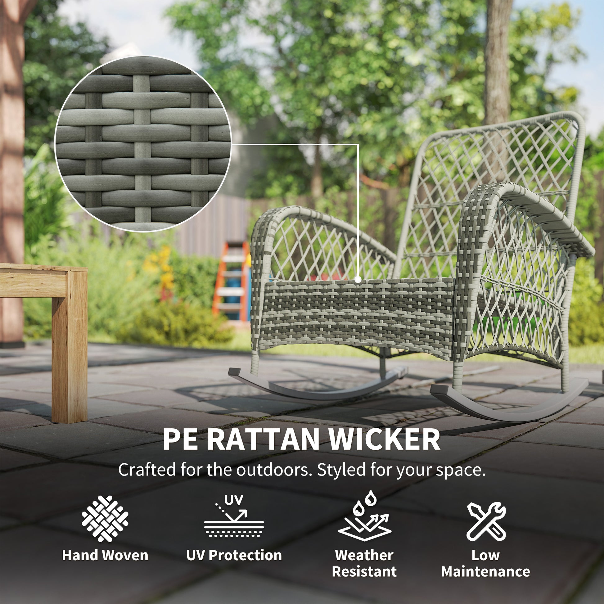 Rattan Rocking Chair, Outdoor Wicker Patio Rocker Chair Furniture with Thick Cushions, for Garden Backyard Porch, Khaki