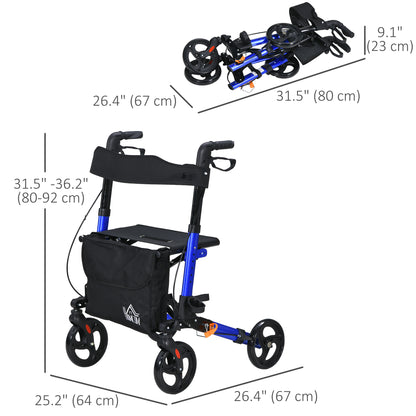 Rollator for Seniors with Seat, Back, Cane Holder, Aluminium Folding Rolling Walker with Adjustable Handle, Bag, Blue