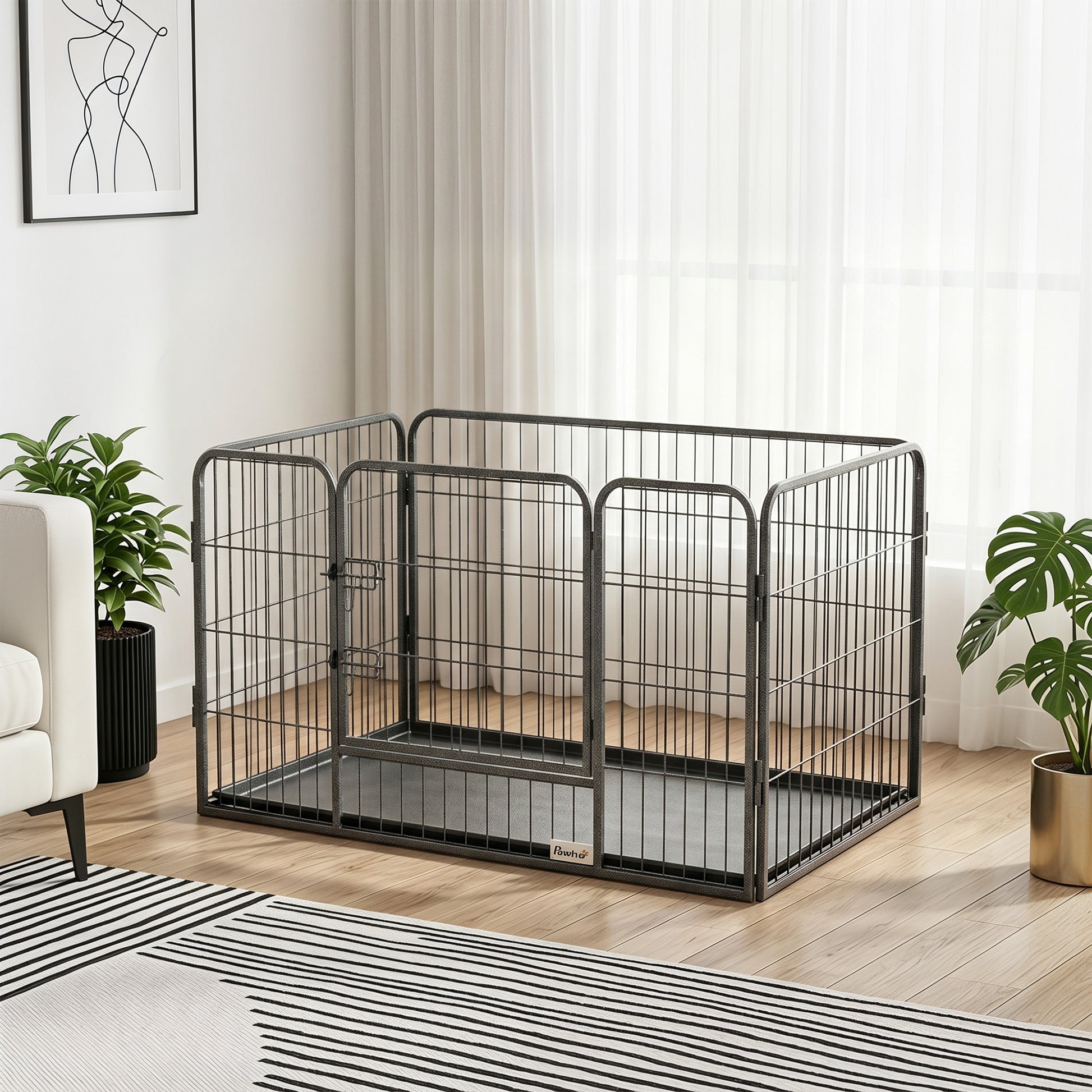 4 Panels Dog Playpen, Heavy Duty Dog Fence, 28" H Portable Pet Playpen with Door Double Locking Latches, Tray, Grey