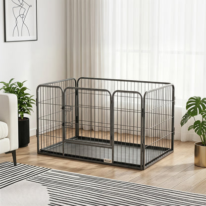 4 Panels Dog Playpen, Heavy Duty Dog Fence, 28" H Portable Pet Playpen with Door Double Locking Latches, Tray, Grey