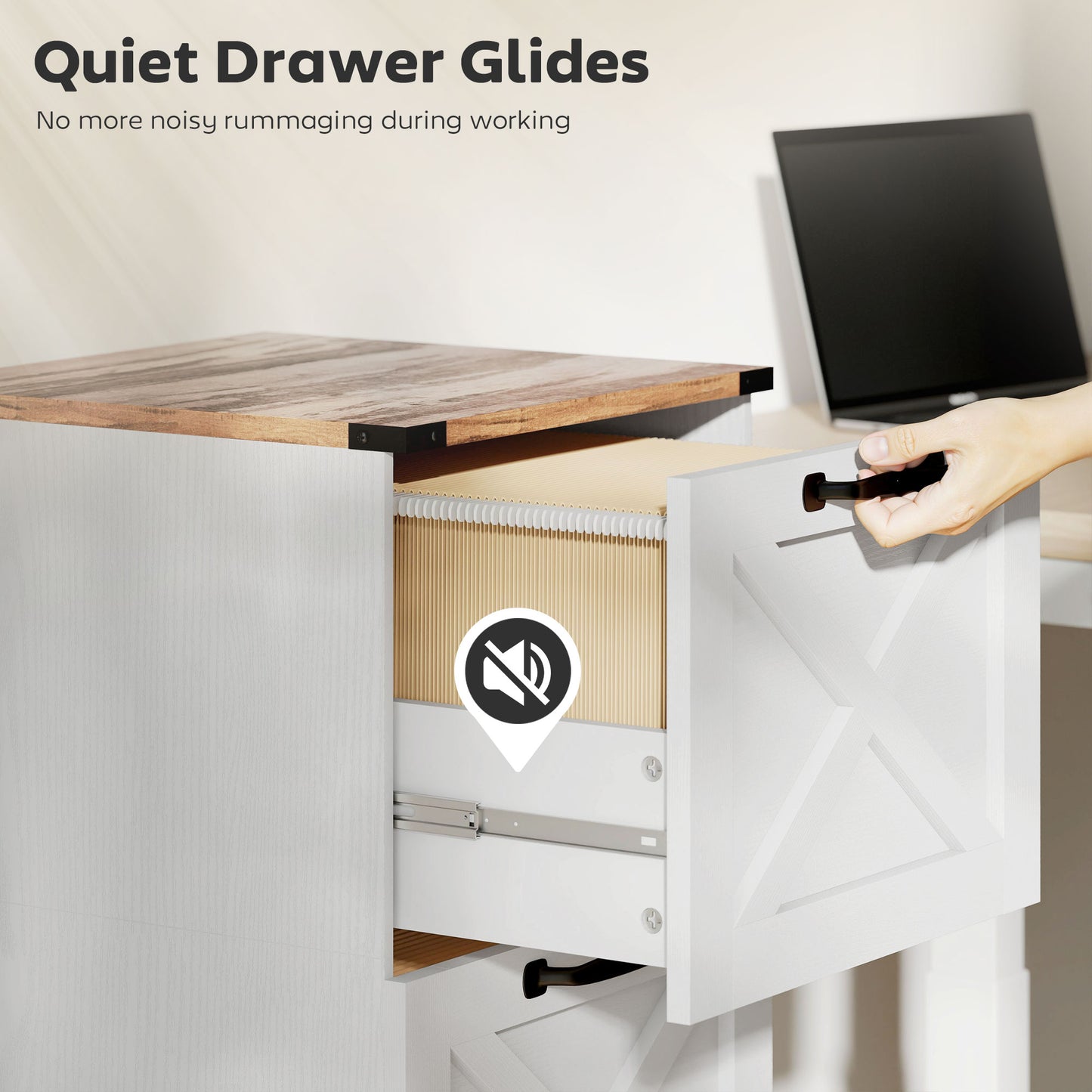 2 Drawer File Cabinet with Silent Slides, Vertical Farmhouse Filing Cabinet Fits Letter/A4 Size Home Office, White